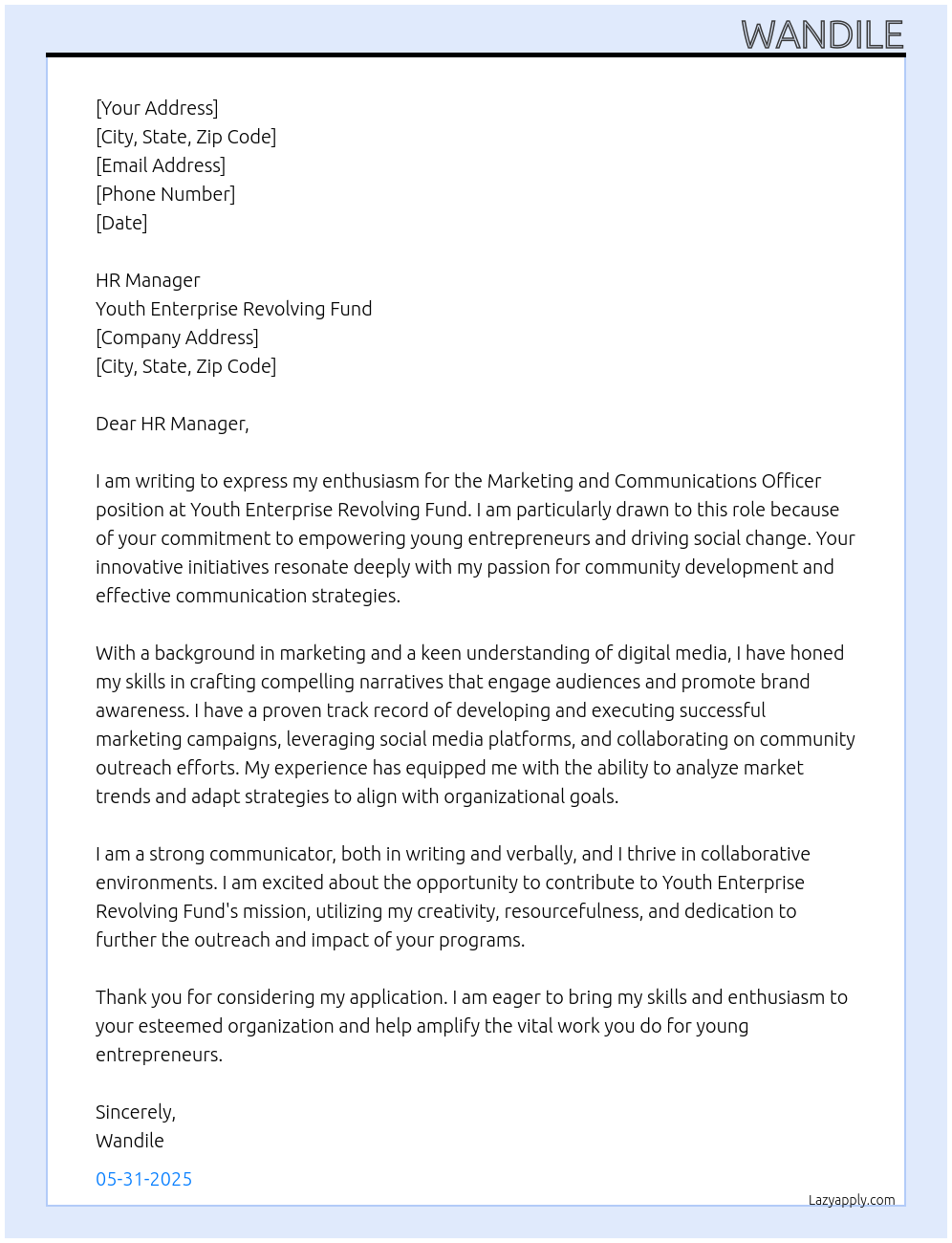 marketing and communications officer At Youth Enterprise Revolving Fund Cover Letter