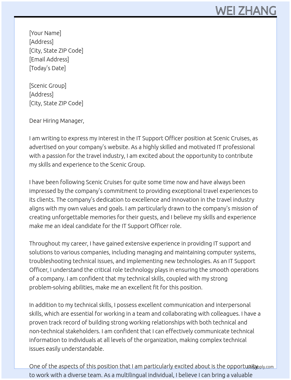 IT Support Officer At Scenic Cruises Cover Letter