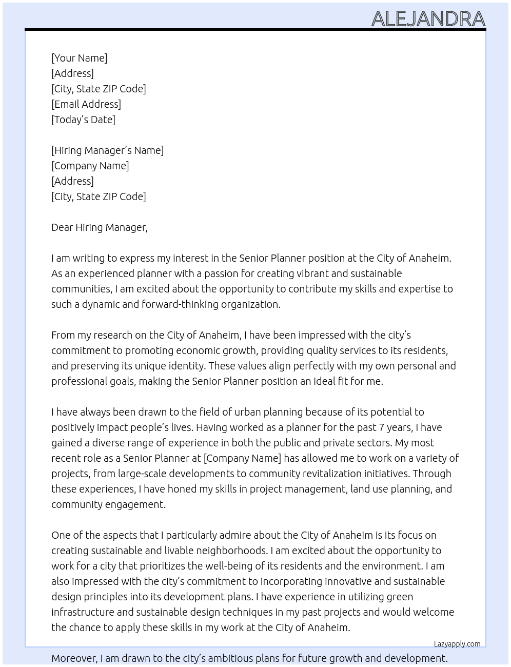 Senior Planner At City of Anaheim Cover Letter
