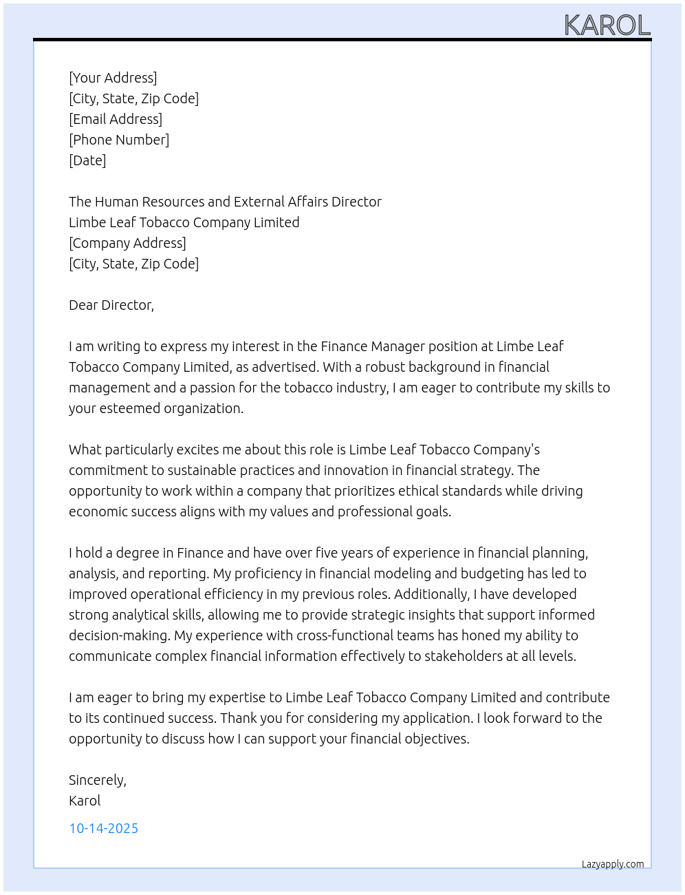 Cover letter for finance manager - LazyApply