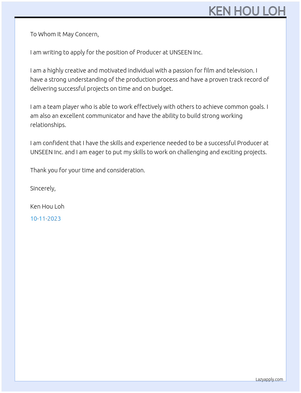 Producer At UNSEEN Inc. Cover Letter