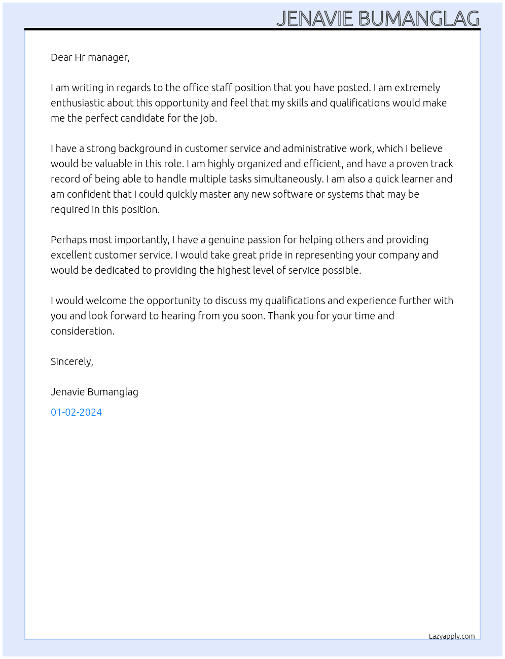 Office staff At M Lhuillier Cover Letter