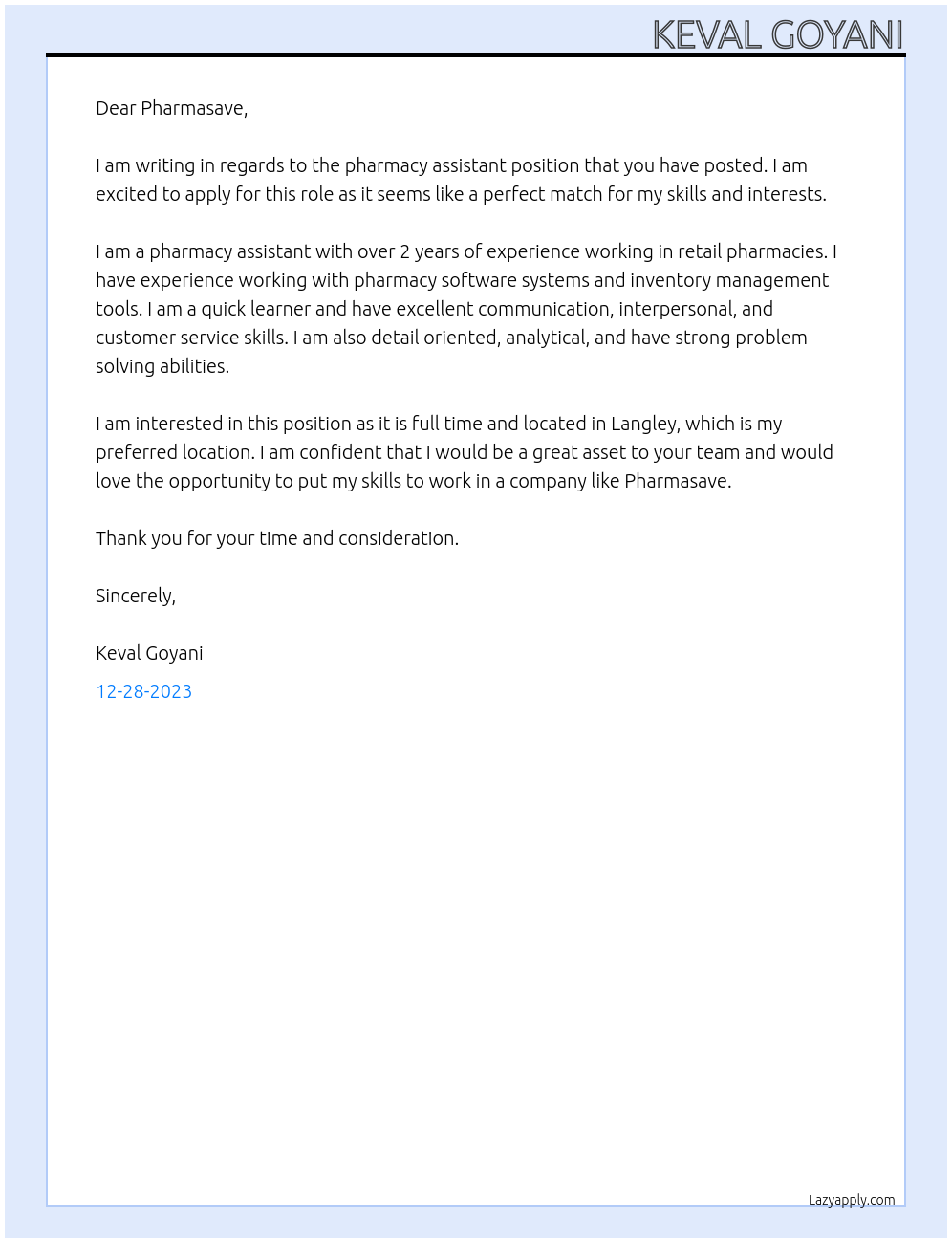 Pharmacy assistant  At Pharmasave Cover Letter