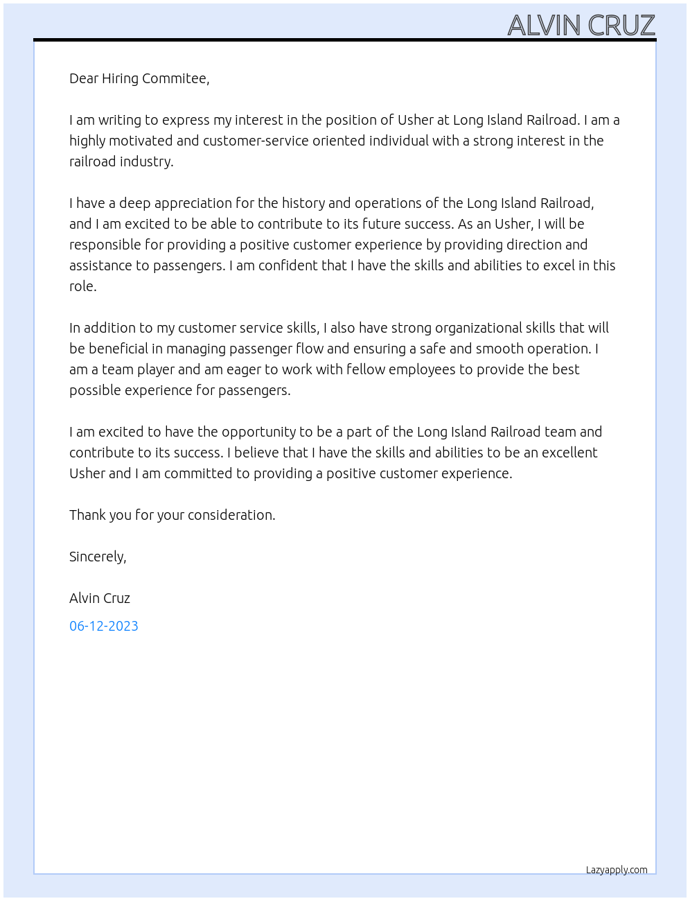 Usher At Long Island Railroad Cover Letter