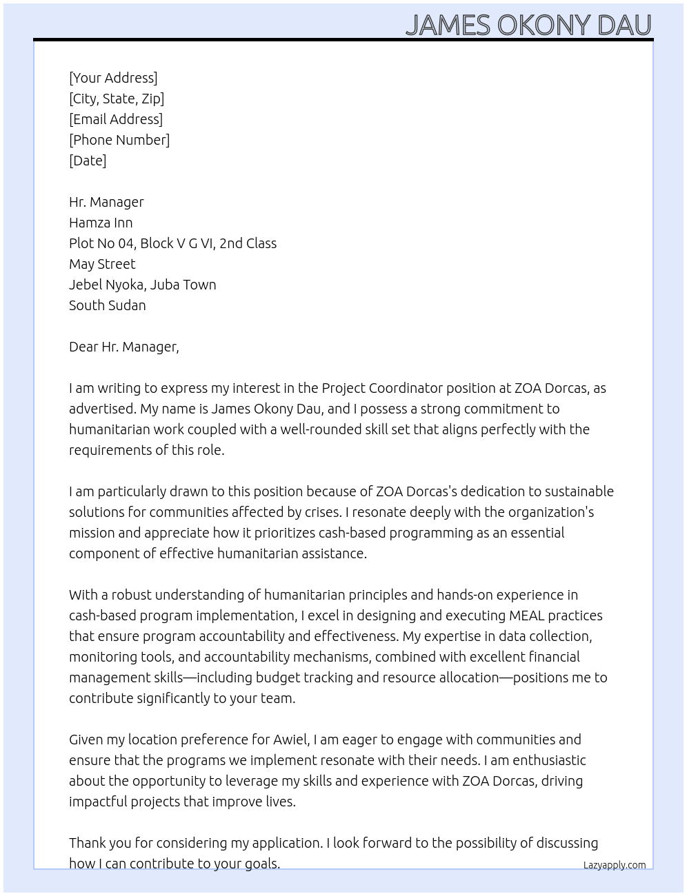 Project Coordinator At ZOA Dorcas Cover Letter