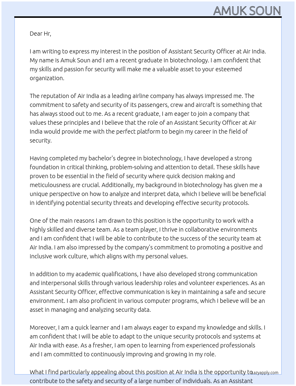 assistant  security officer At Air India Cover Letter