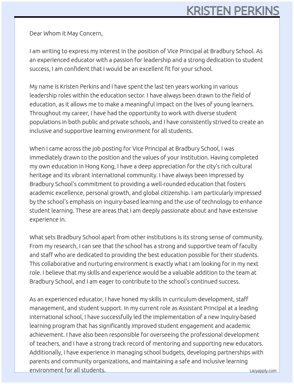 Vice Principal At Bradbury School Cover Letter