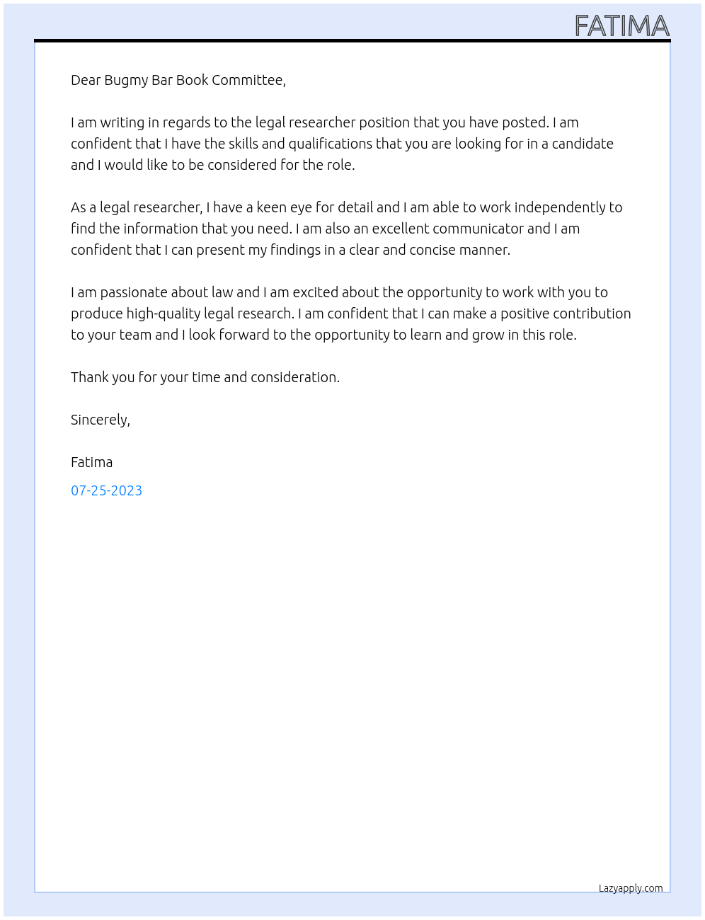 legal researcher At Bugmy Bar Book Cover Letter