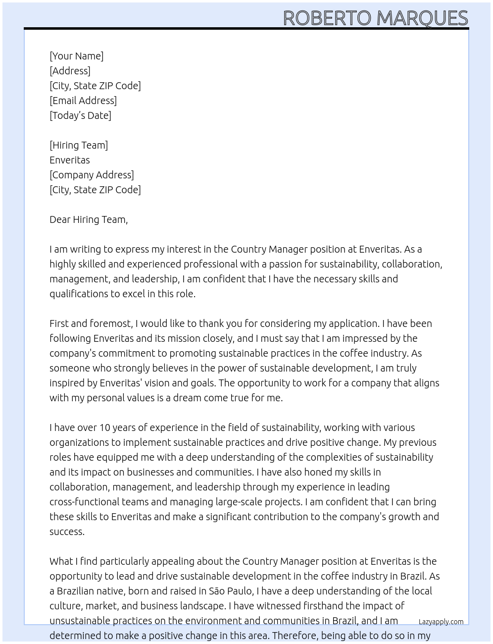 Country Manager At Enveritas Cover Letter