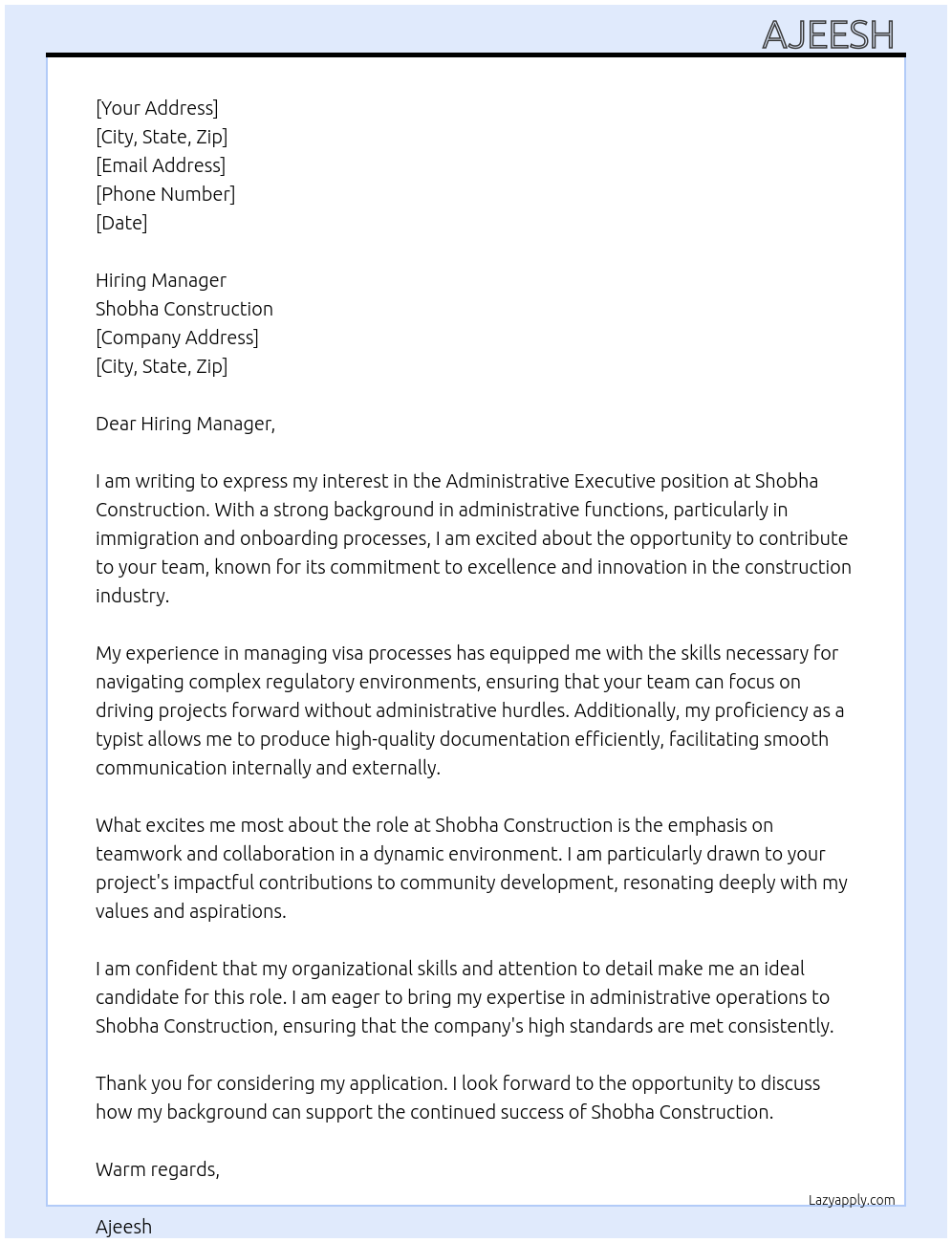 Administrative Executive At Shobha Construction Cover Letter