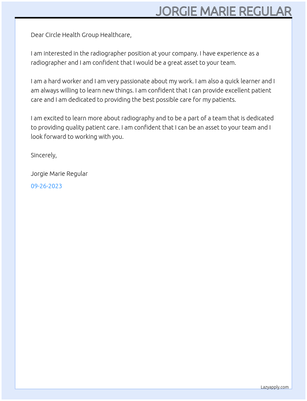 Radiographer At Circle Health Group Healthcare Cover Letter