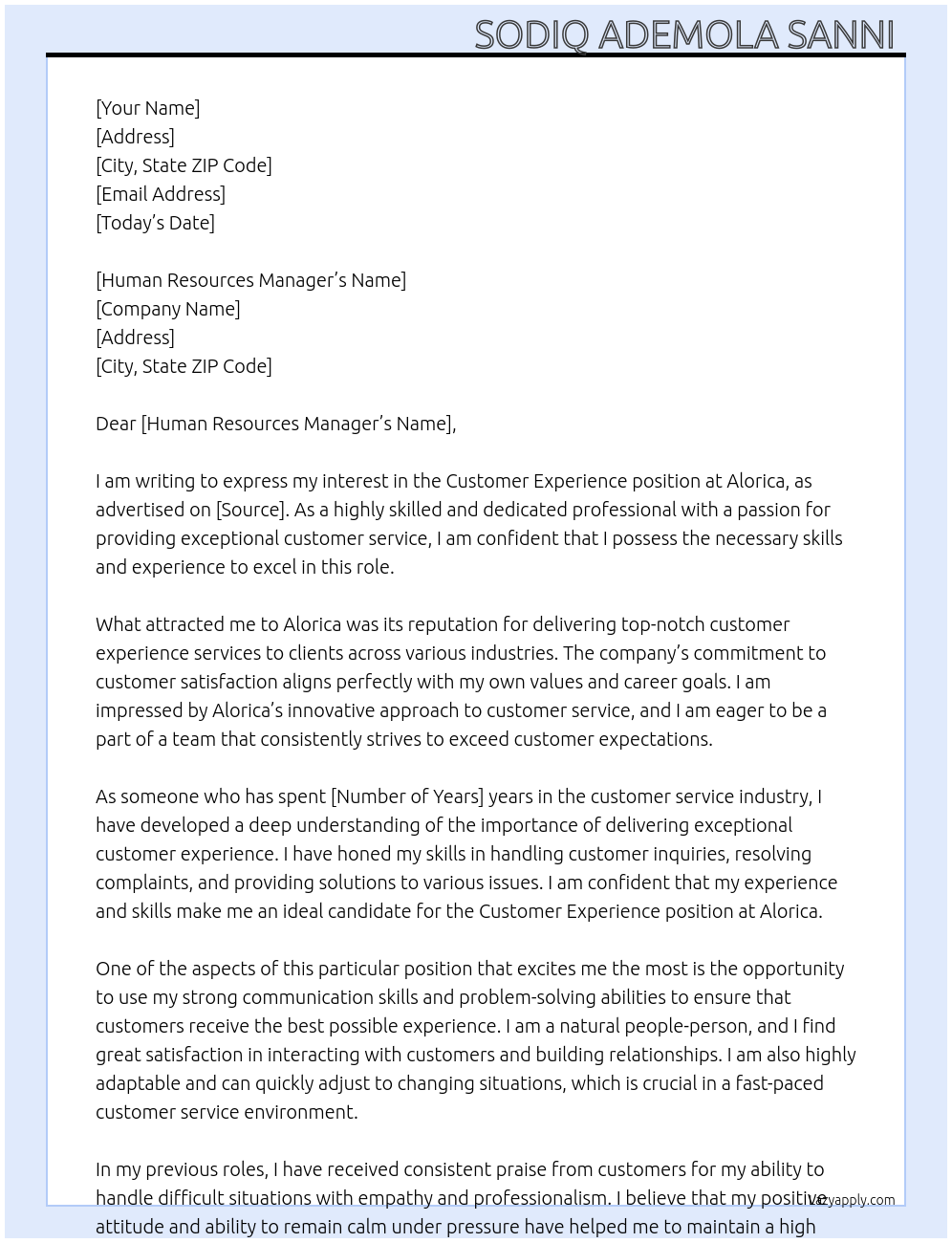 Customer Experience At Alorica Cover Letter