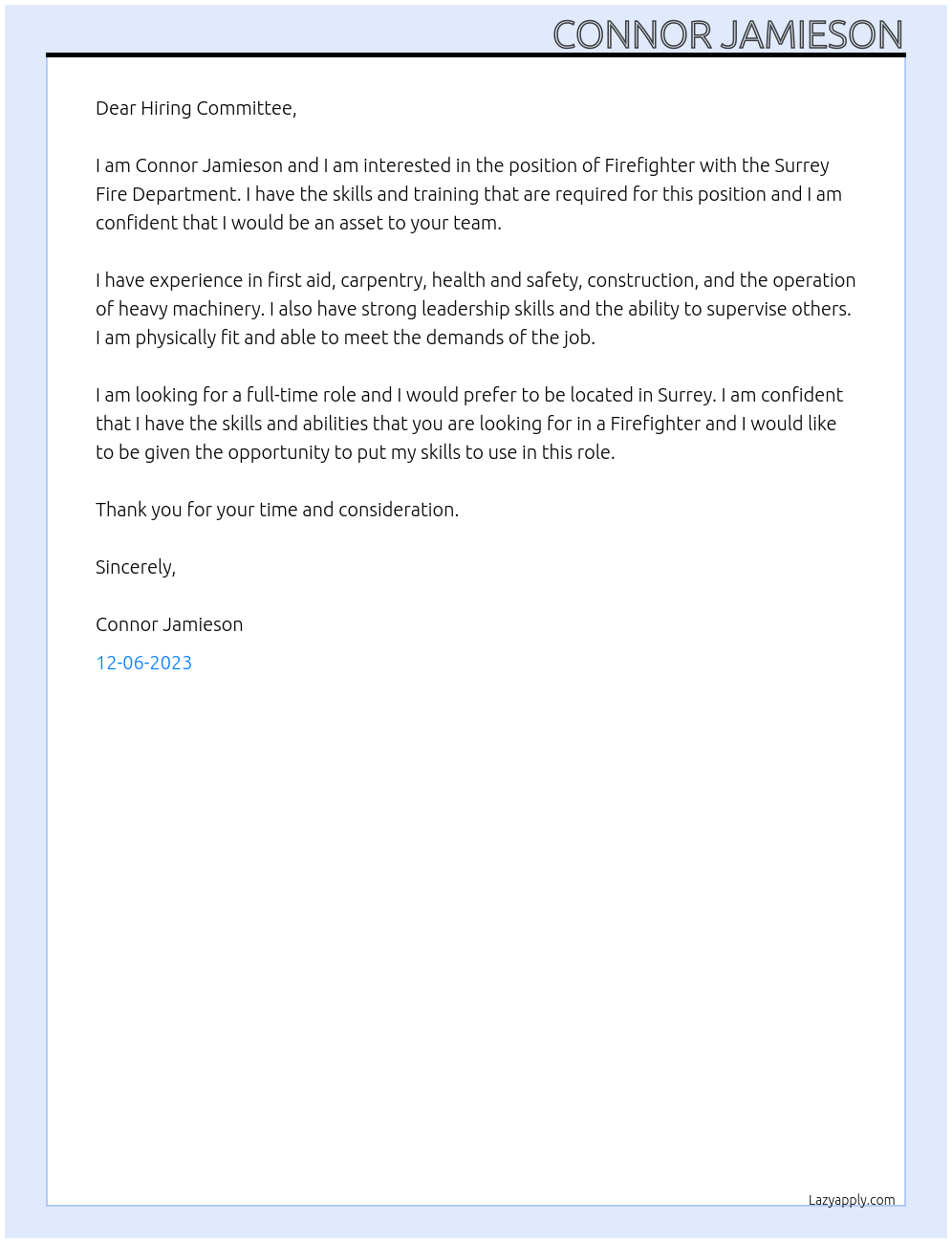 Firefighter At Surrey Fire Department Cover Letter