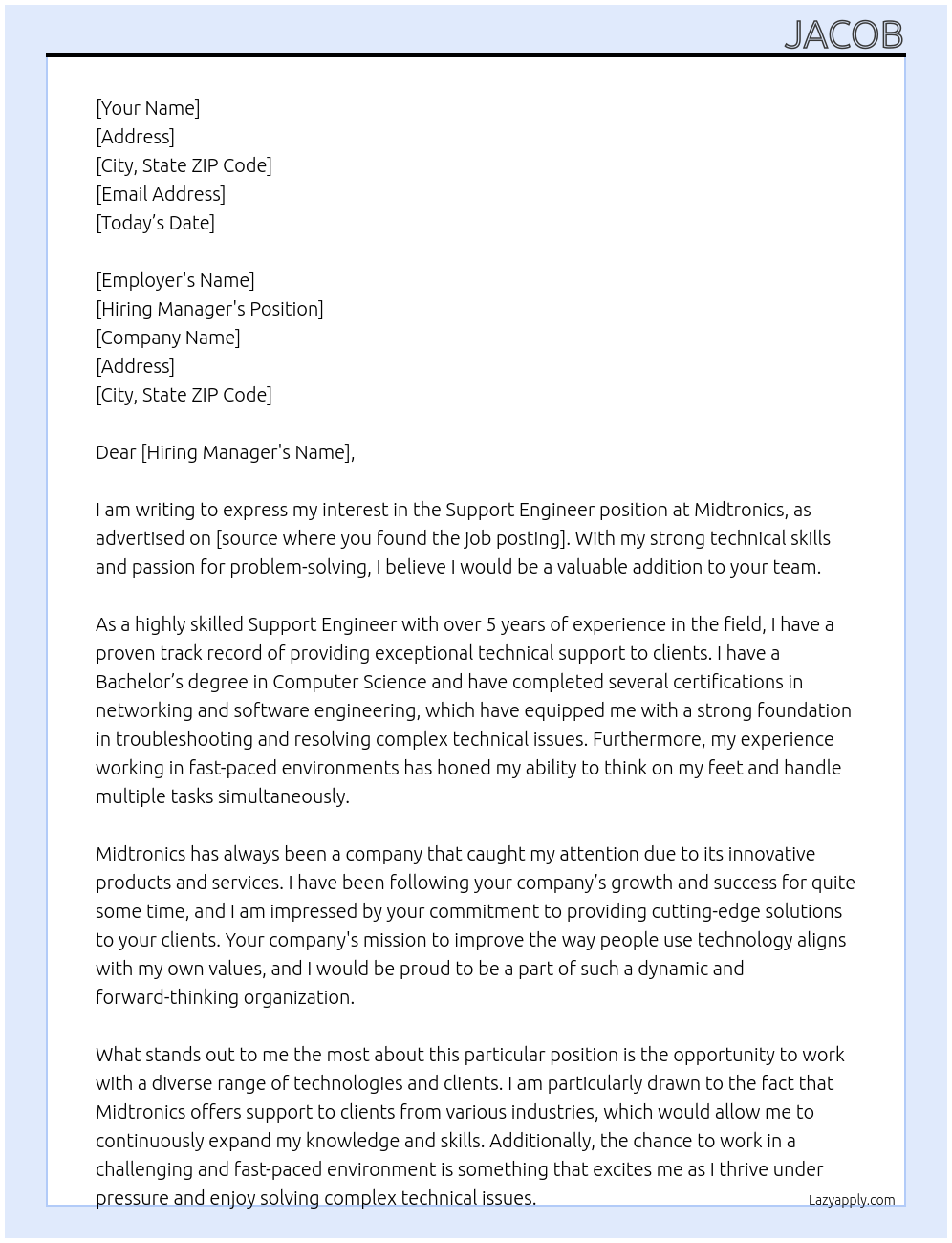 SUPPORT ENGINEER At Midtronics Cover Letter