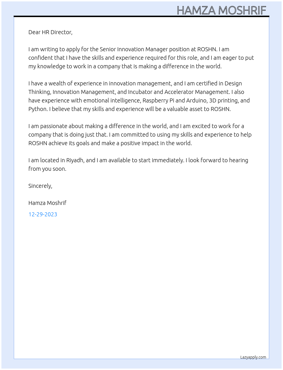 Senior Innovation Manager  At ROSHN Cover Letter