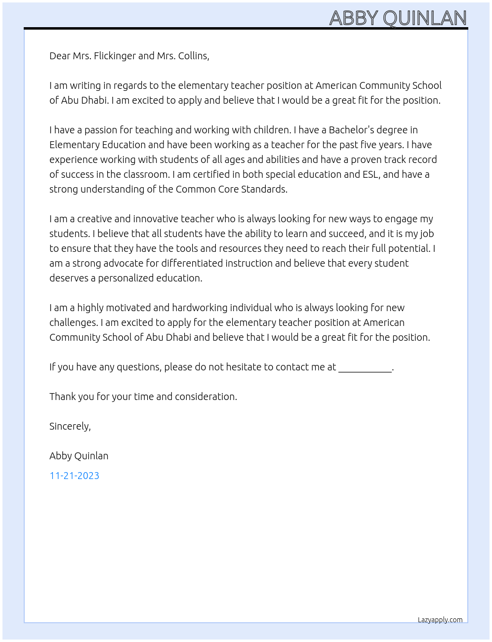 Elementary Teacher At American Community School of Abu Dhabi Cover Letter