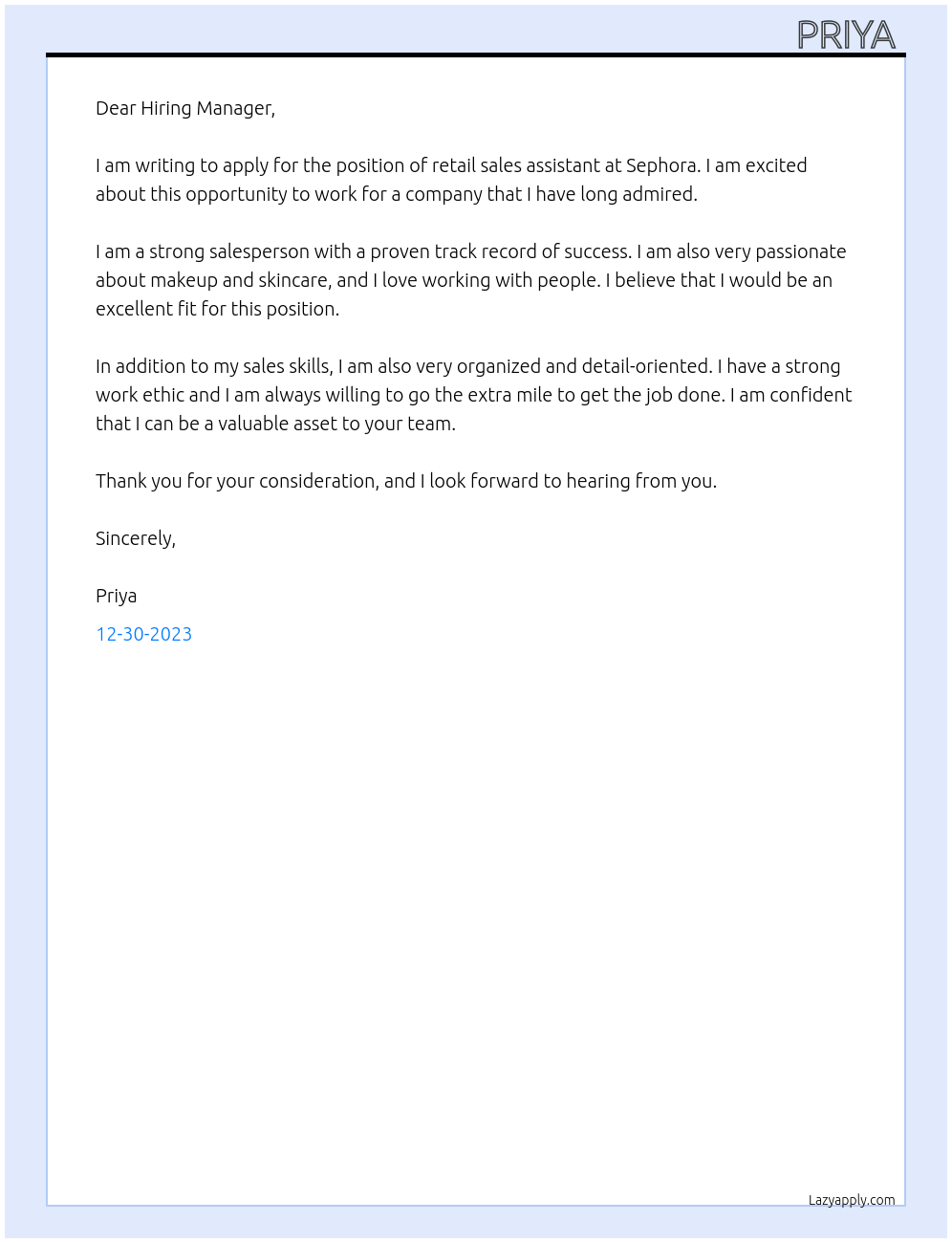 retail sales assistant At sephora Cover Letter