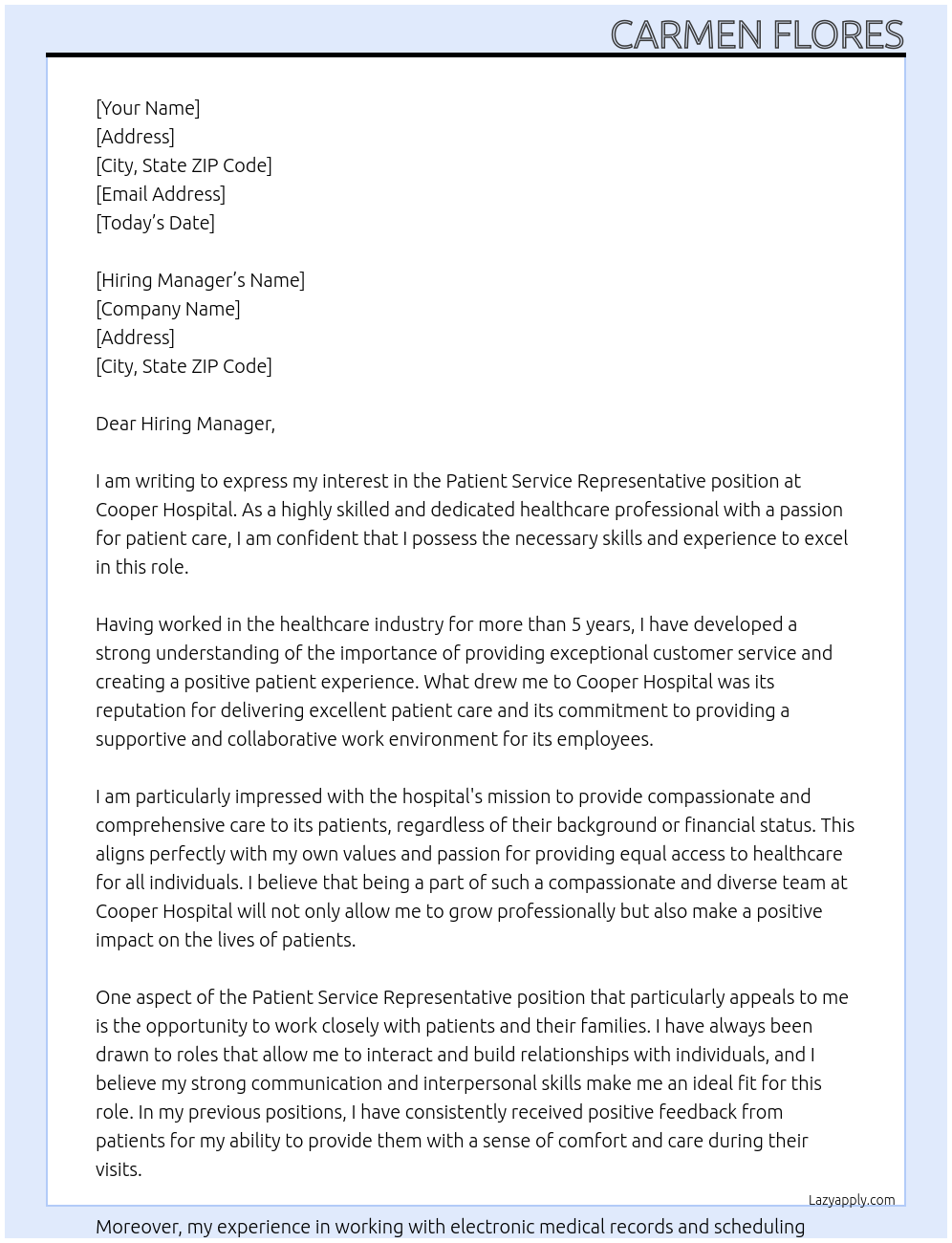 patient service representative At Cooper Hospital Cover Letter