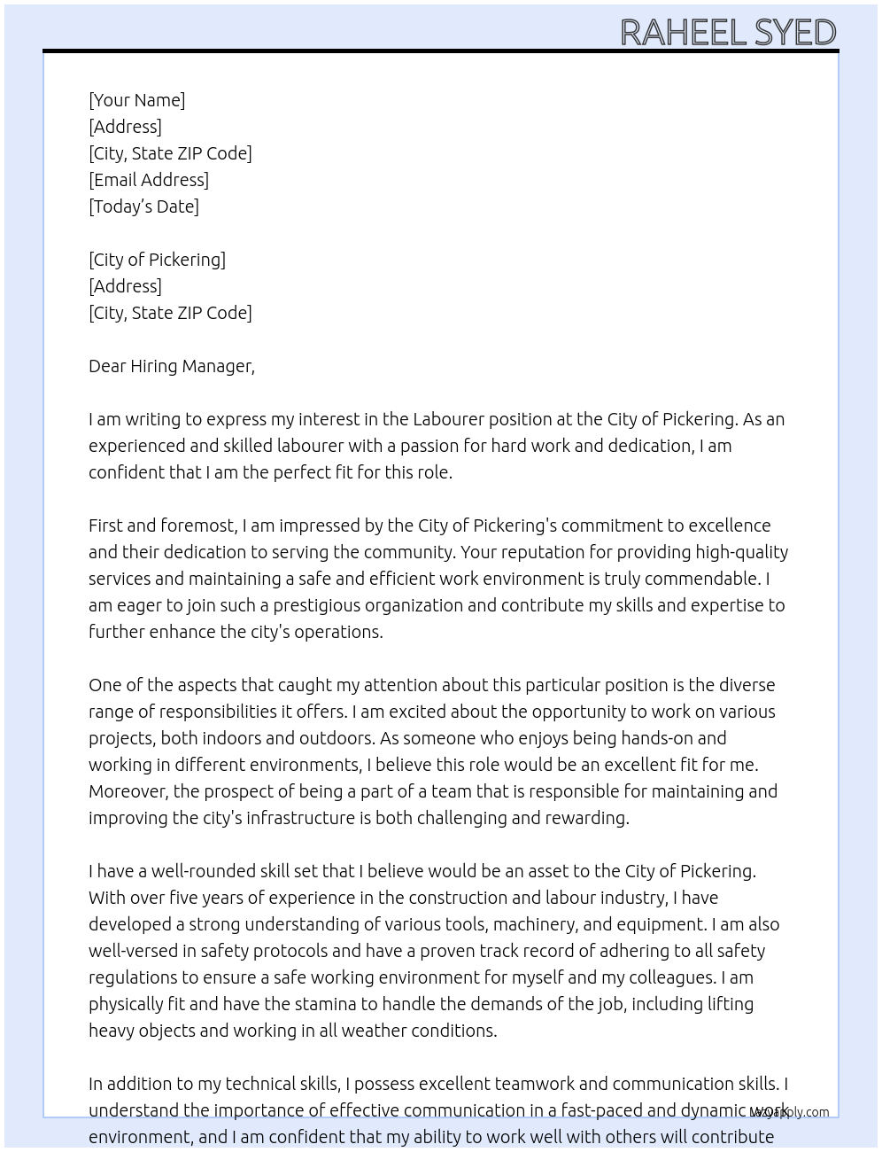 labourer At Labourer Application Form Cover Letter