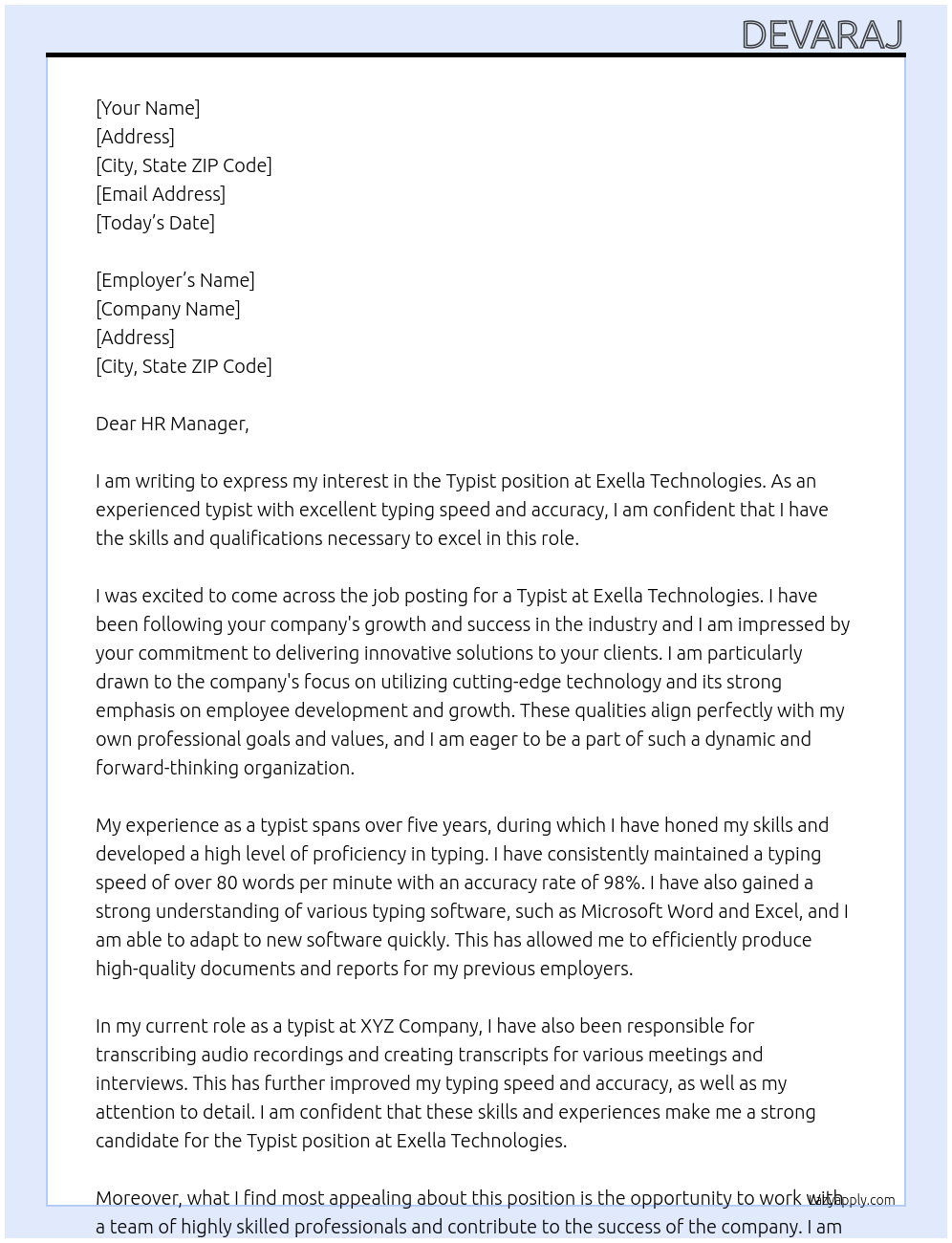 Typist At Exella Technologies Cover Letter