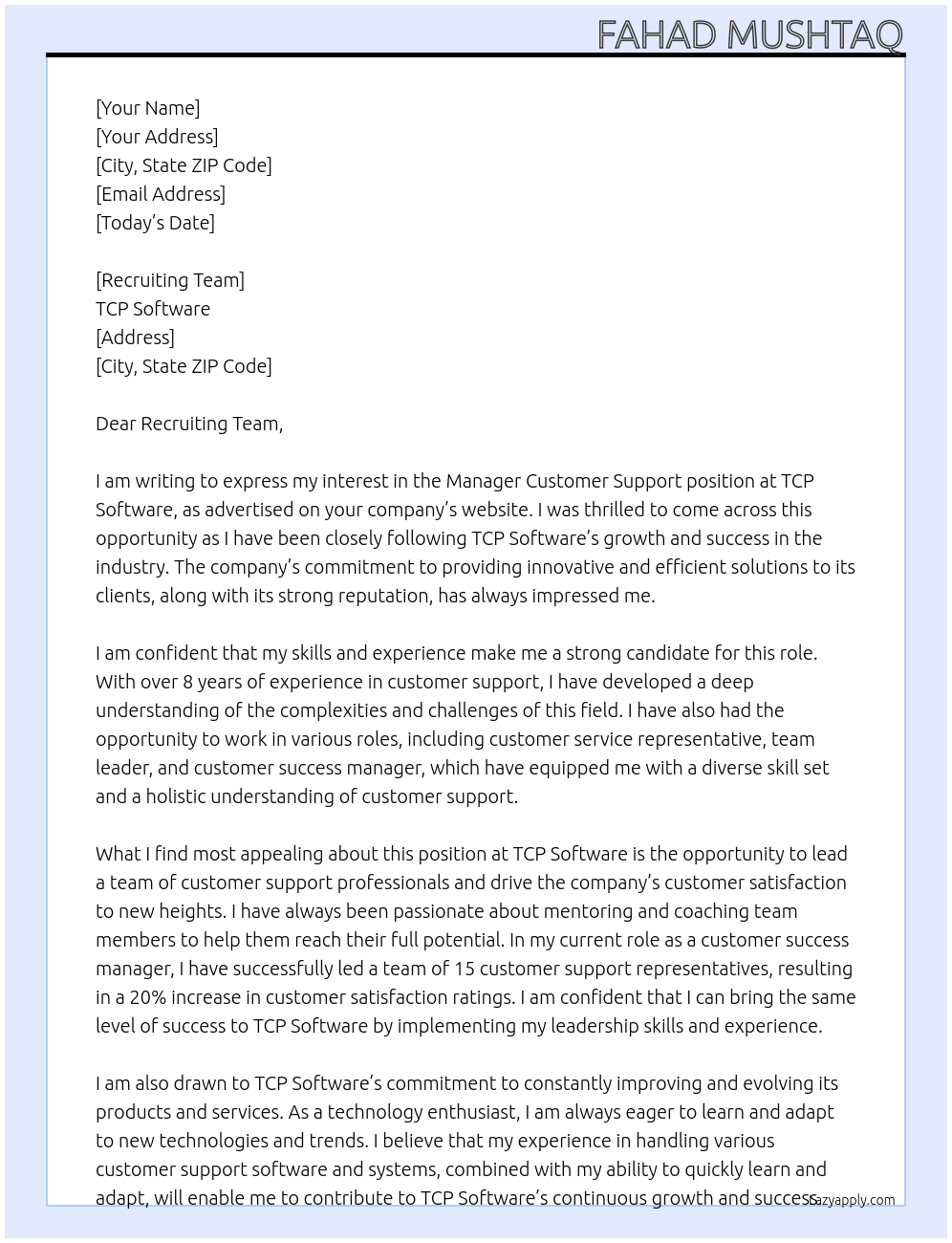 Manager Customer Support At TCP Software Cover Letter