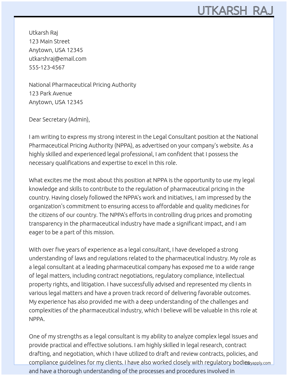 Legal Consultant At National Pharmaceutical Pricing Authority Cover Letter