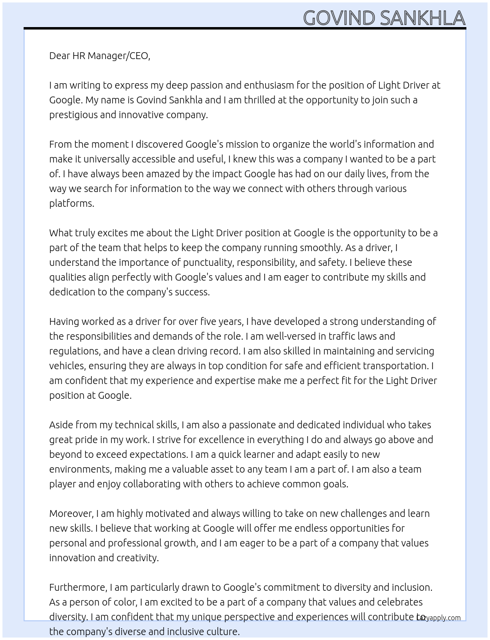 Light driver At Google Cover Letter