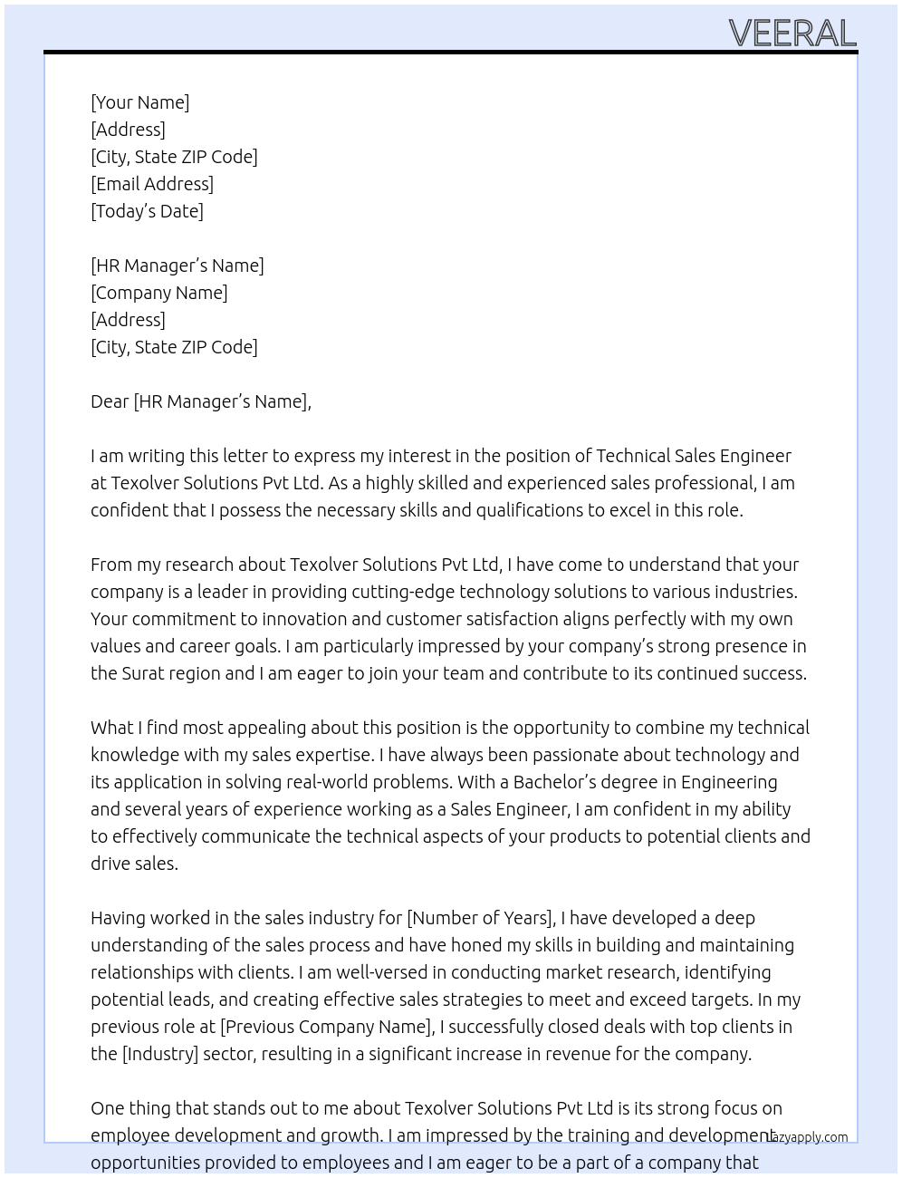 Technical Sales Engineer At Texolver Solutions Pvt Ltd Cover Letter