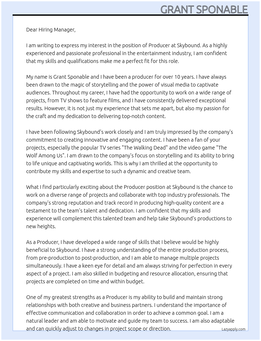 Producer At Skybound Cover Letter