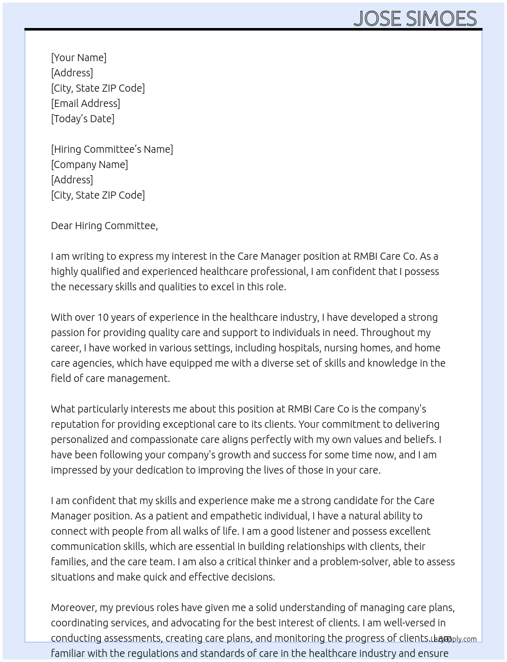 Care manager  At RMBI Care Co Cover Letter