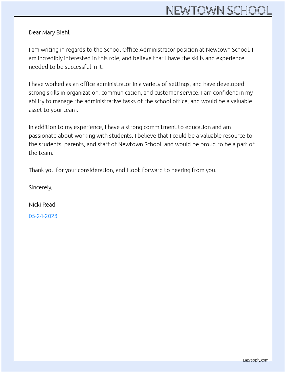 School Office Administrator At Mary Biehl Cover Letter