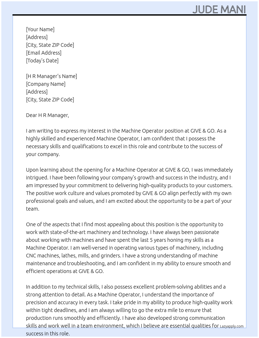 Machine Operator At GIVE & GO Cover Letter