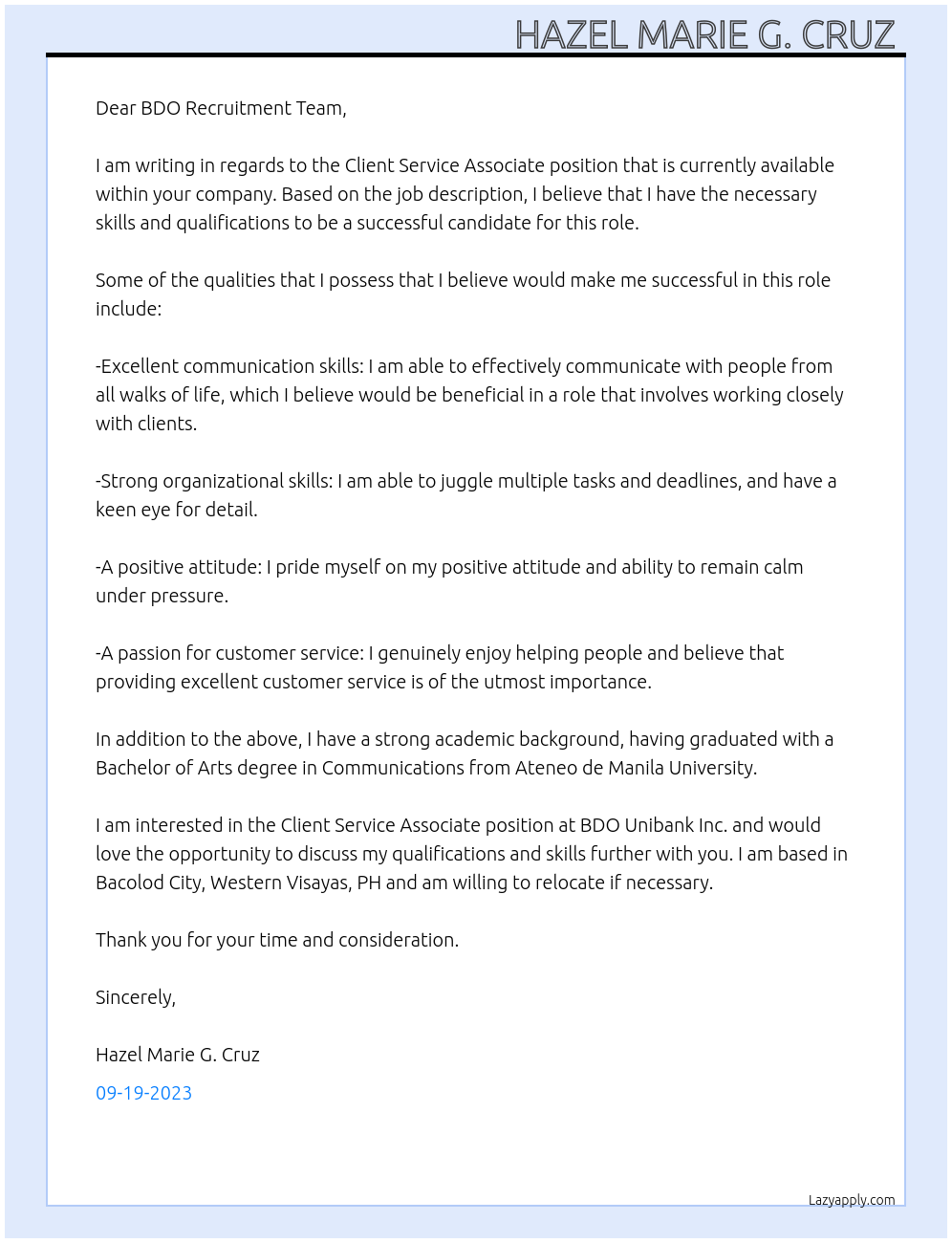 Client Service Associate  At BDO Unibank Inc. Cover Letter