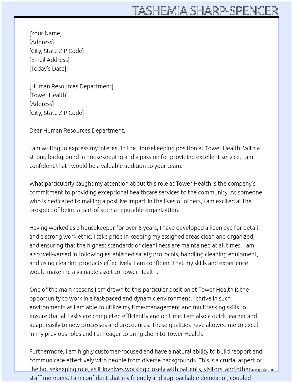 housekeeping At Tower Health Cover Letter