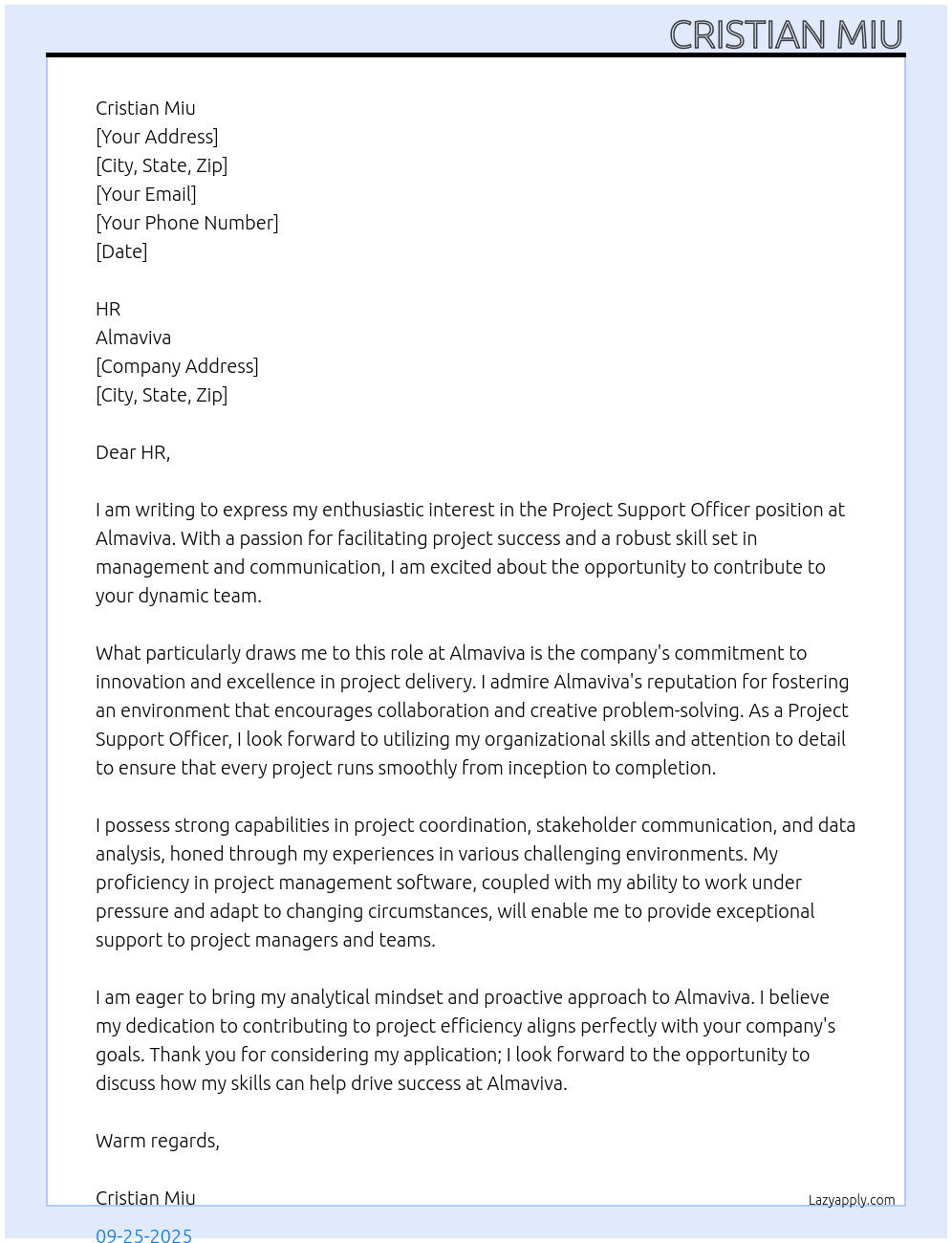 Cover letter for project support officer - LazyApply