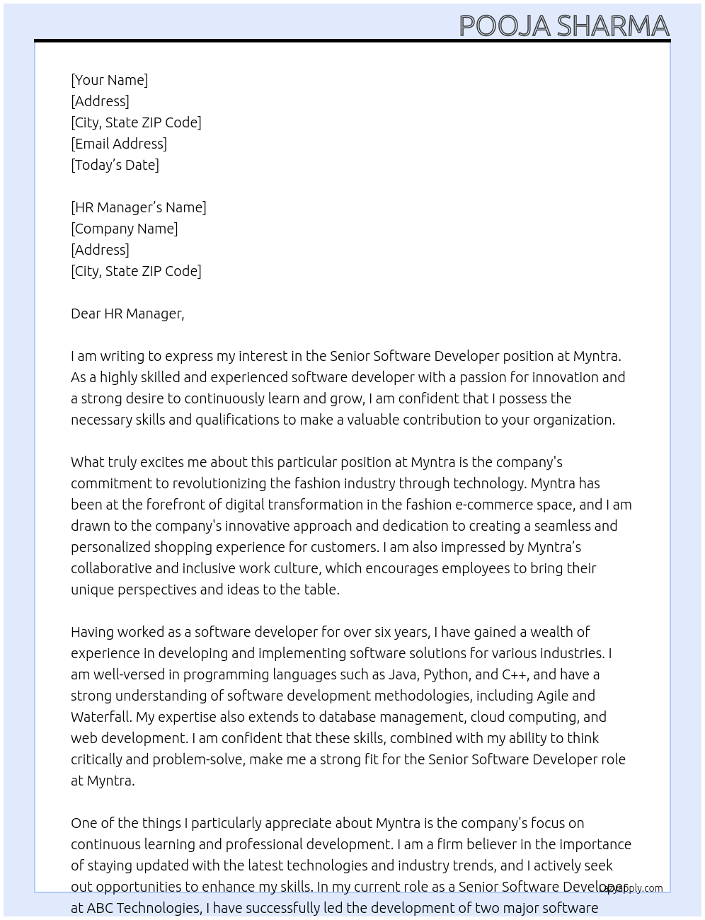 senior software developer At myntra Cover Letter