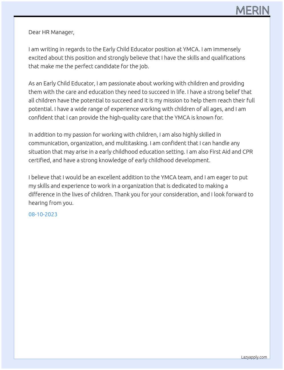 early child educator At ymca Cover Letter