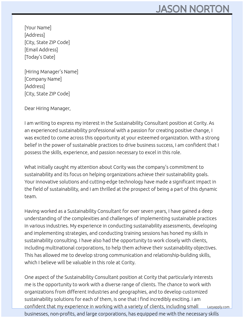 Sustainability Consultant  At Cority  Cover Letter