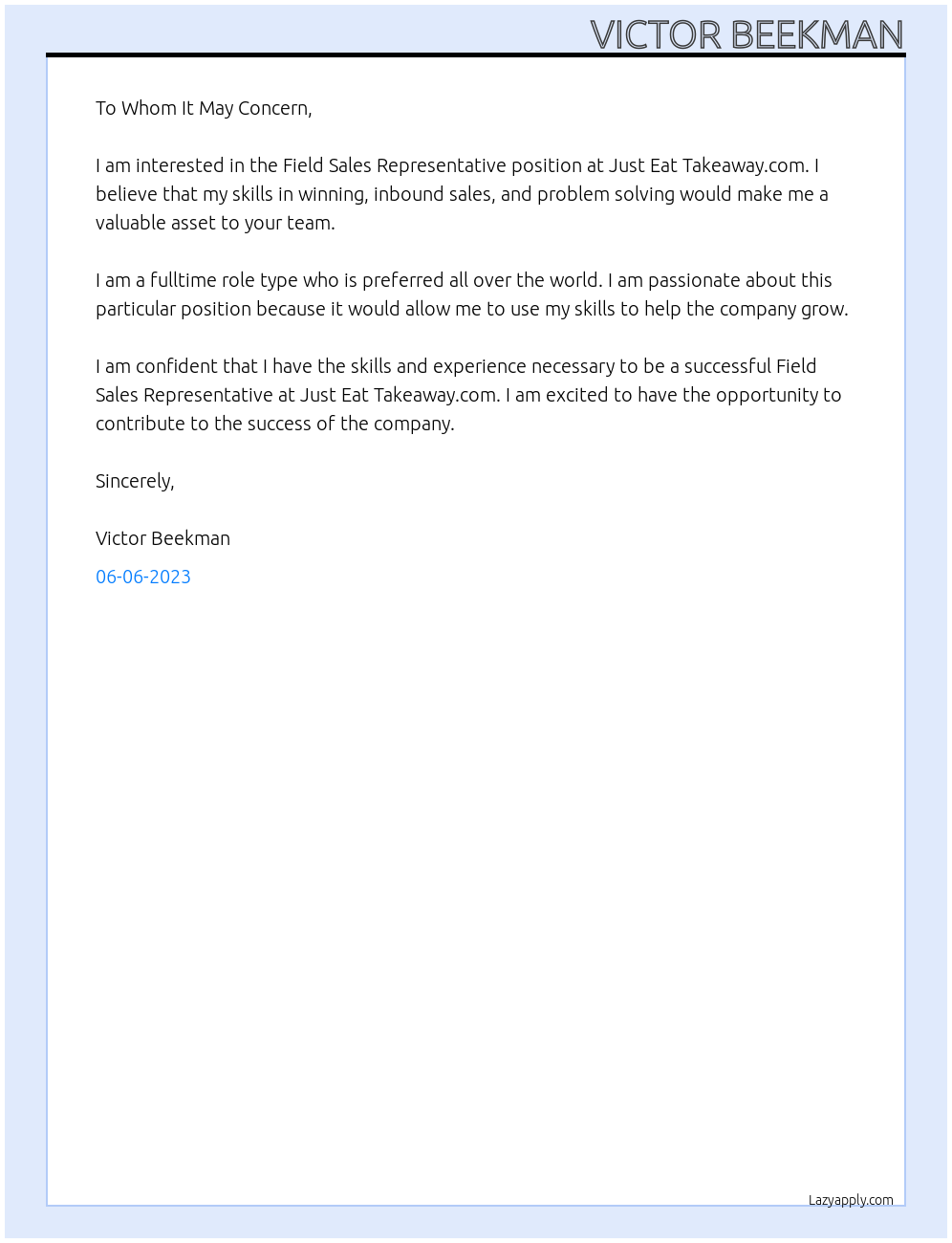 Field Sales Representative At Just eat Takeaway.com Cover Letter