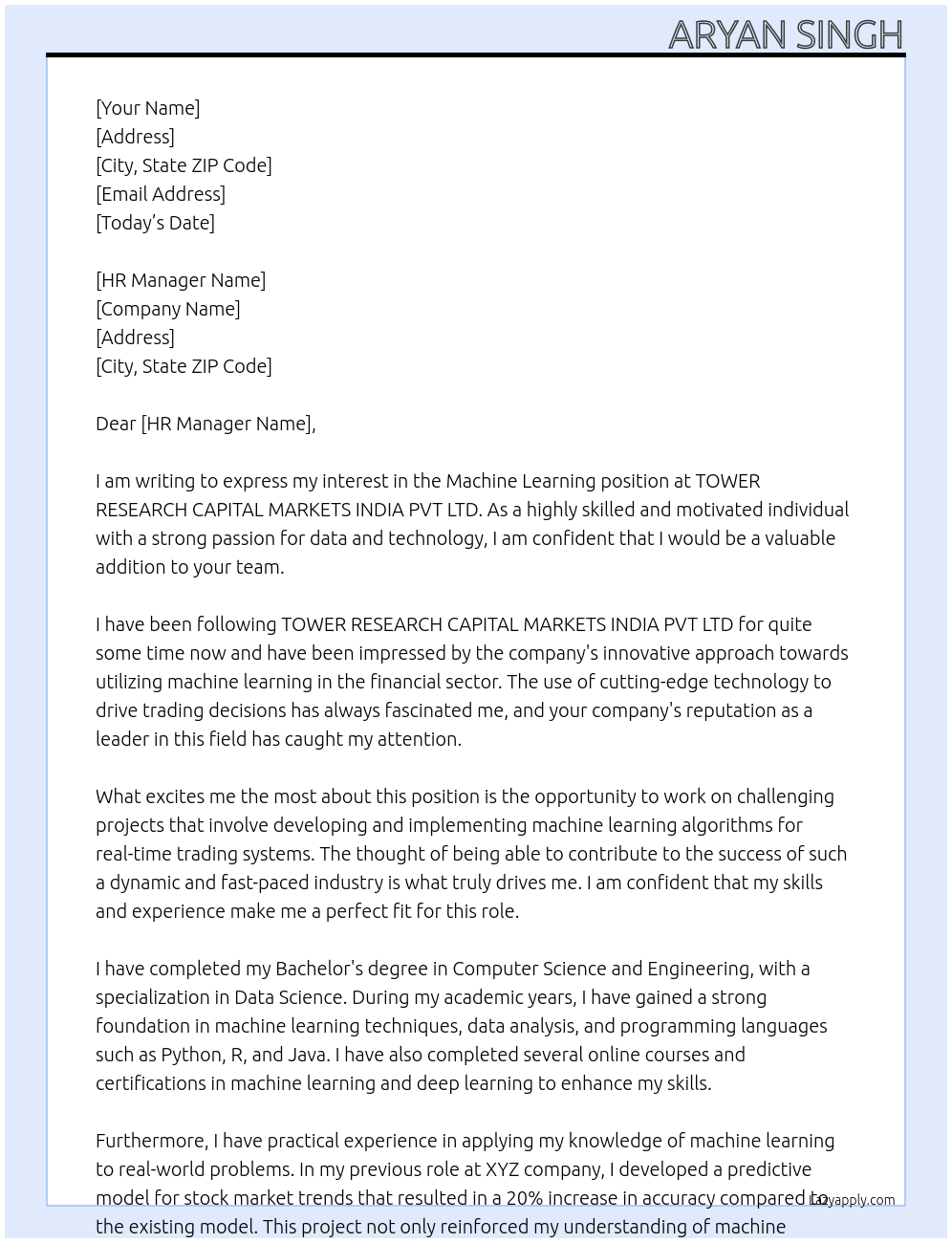 Machine Learning At TOWER RESEARCH CAPITAL MARKETS INDIA PVT LTD Cover Letter