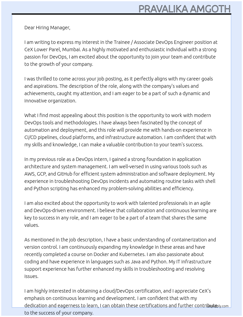 Cover letter for trainee / associate devops engineer - LazyApply