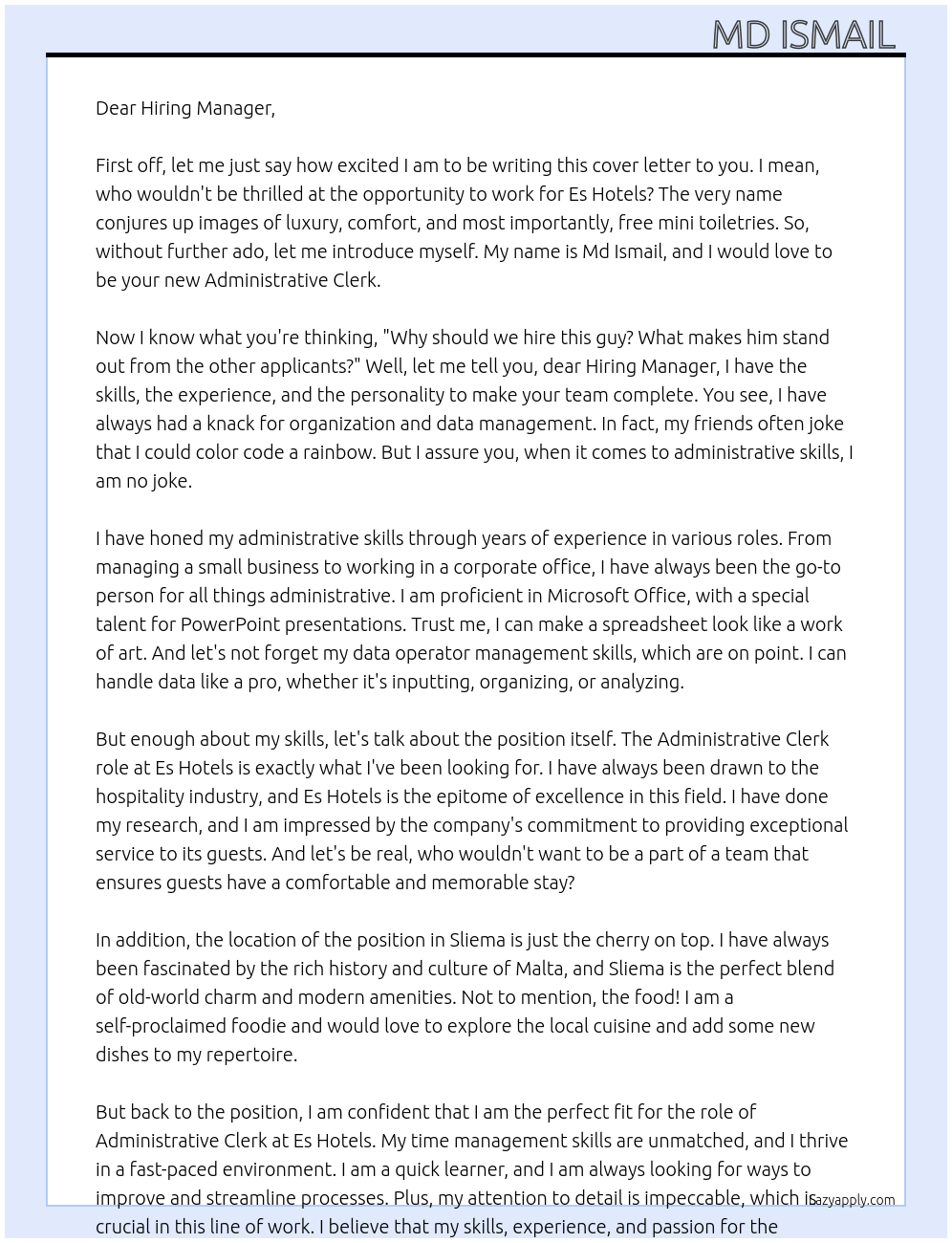 Administrative Clerk At Es Hotels Cover Letter