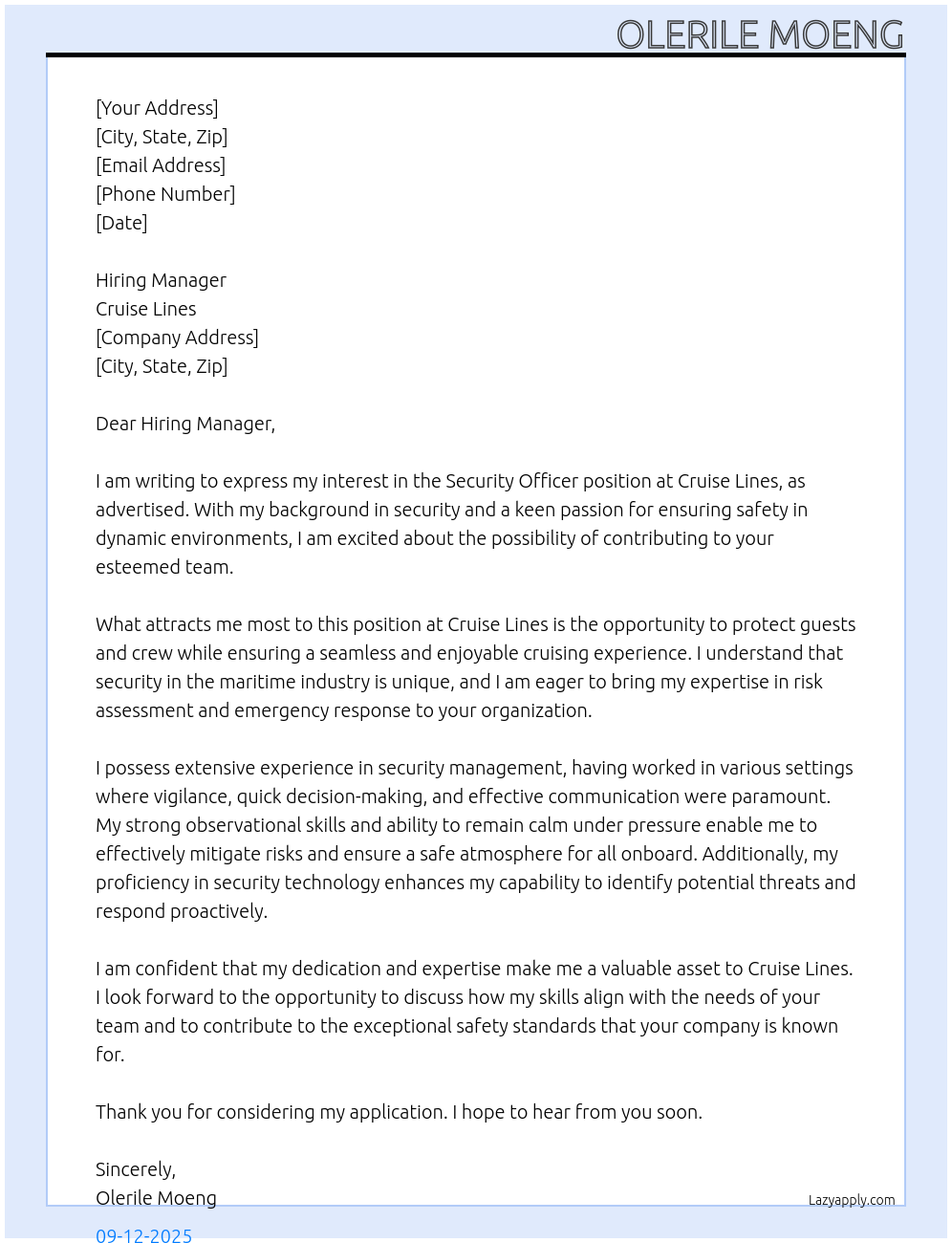 Security Officer  At Cruise lines  Cover Letter