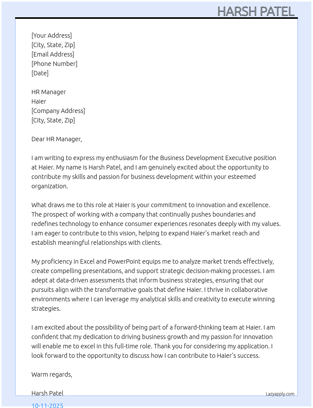 Cover letter for business development executive - LazyApply