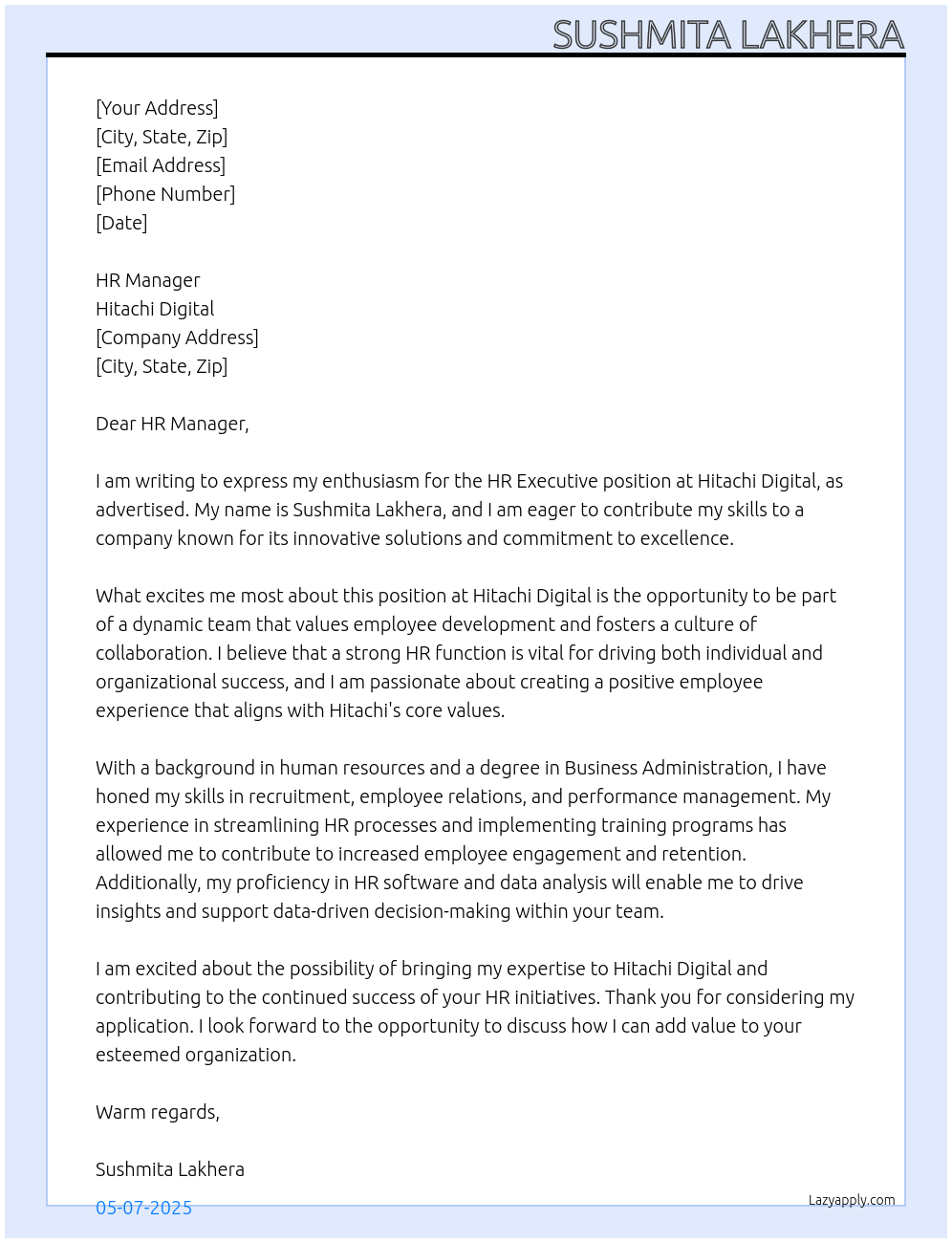 HR EXECUTIVE At hitachi digital Cover Letter