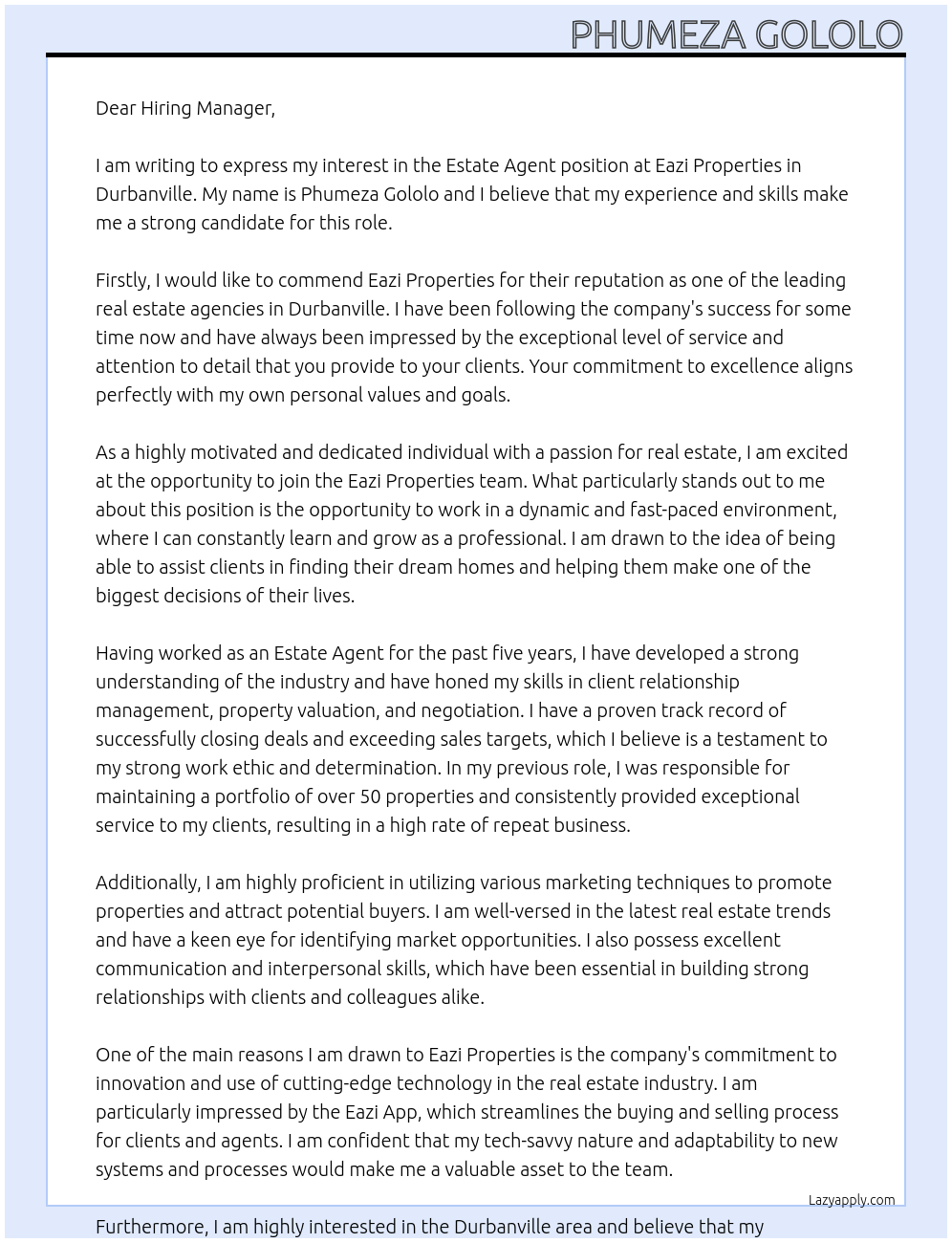 Estate agent At Eazi Properties Cover Letter