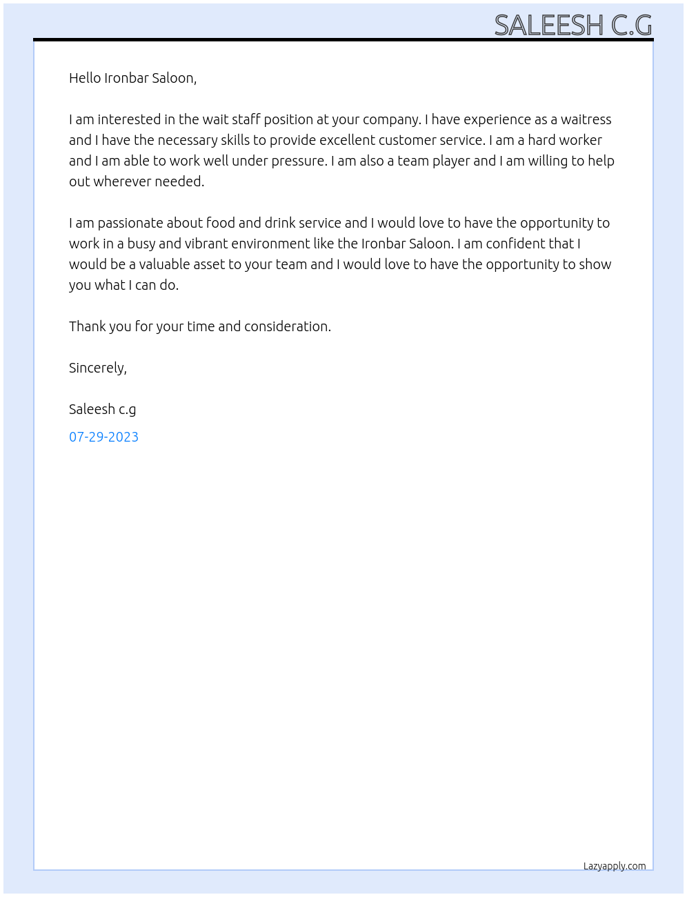 Wait Staff  At Ironbar Saloon Cover Letter