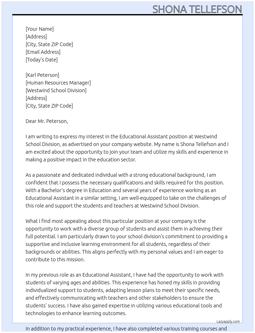 educational assistant At Westwind School Division Cover Letter