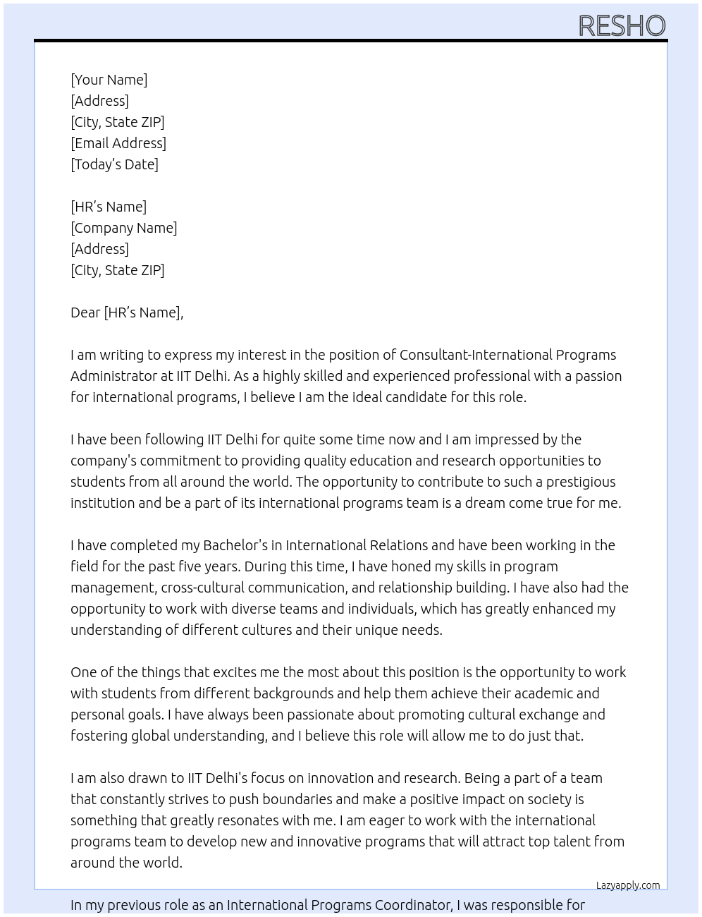 Consultant-International Programs Administrator At IIT Delhi Cover Letter