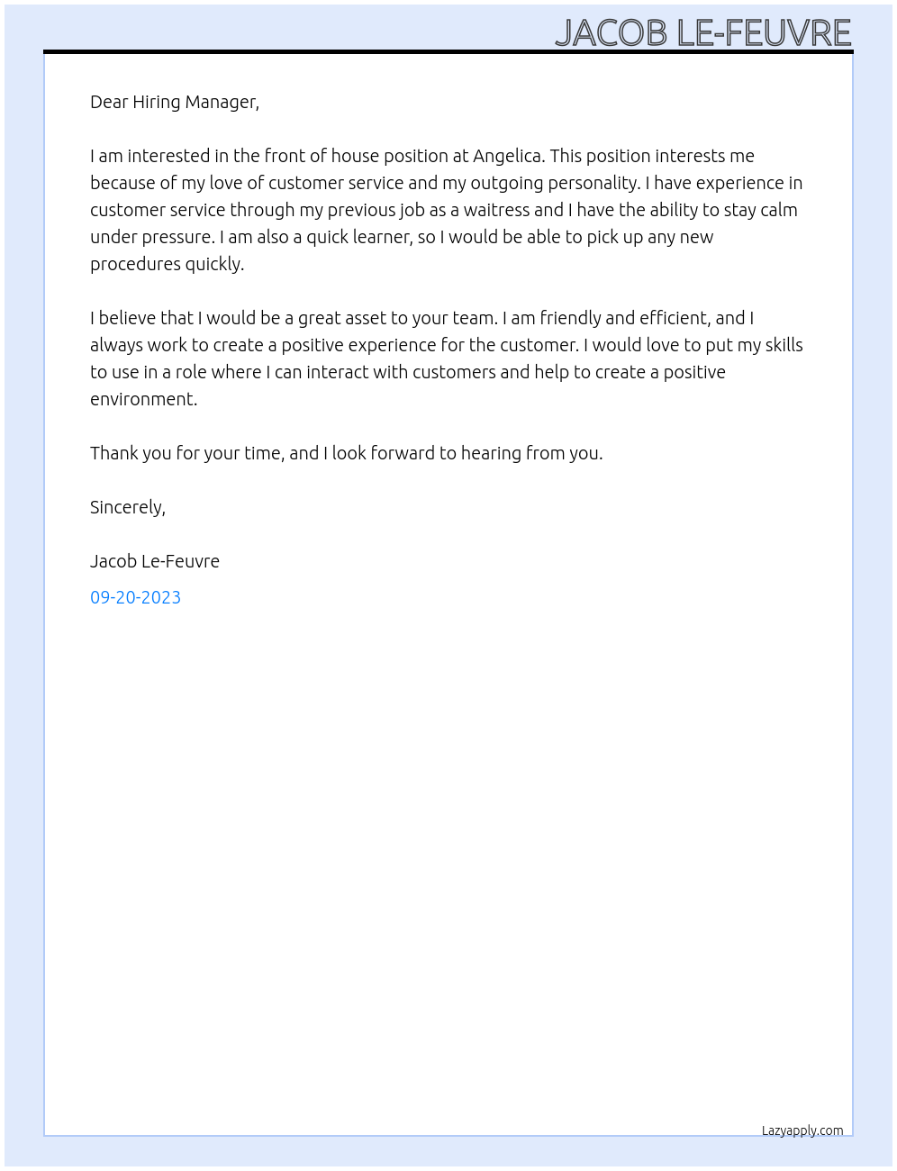 Front of house At Angelica Cover Letter